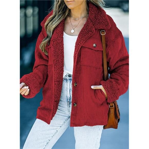 Women's Corduroy Sherpa Jacket Button Down Fleece Fur Collar Winter Coat - Picture 6 of 7